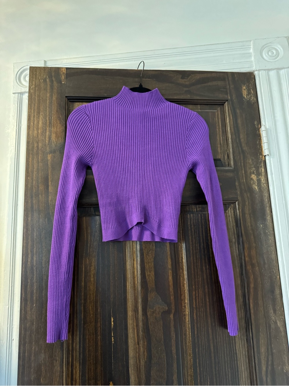 Women's Purple Ribbed Mock Neck Cropped Long Sleeve